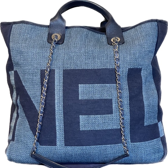 Chanel Deauville Denim Cruise Collection Large Shopper 2 Way Chain Tote Bag Rare - Picture 2 of 15